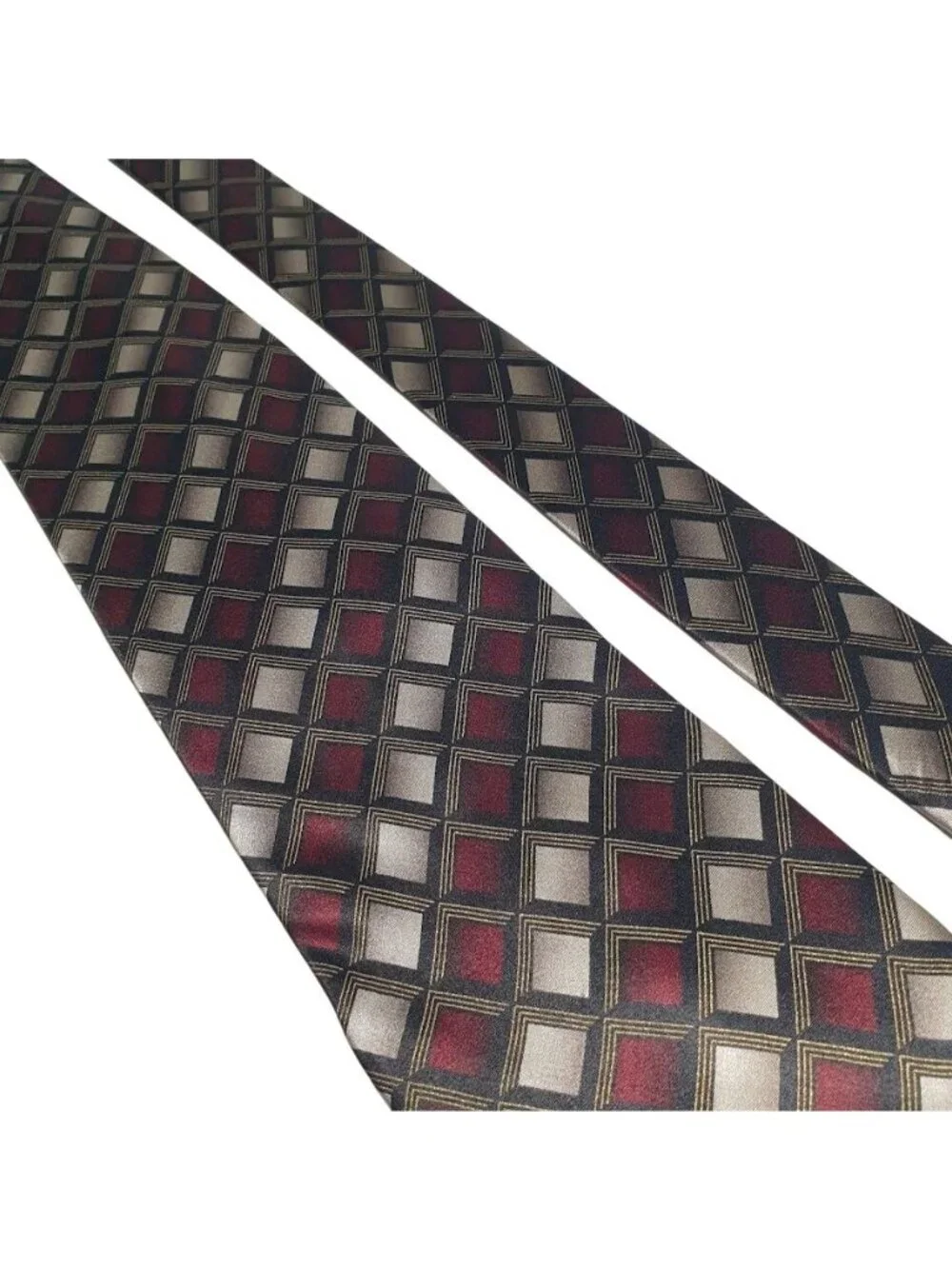 Haggar Mens Silk Tie Burgundy Silver Black Geometric Patterned Necktie Formal We